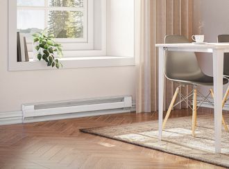 A living space with a Cadet Baseboard heater mounted onto the wall