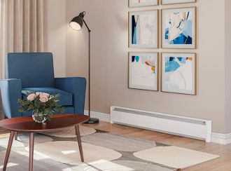 A living space with a Cadet Softheat Baseboard heater mounted onto the wall