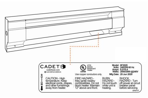 The location of the label is on the left end of the heater.